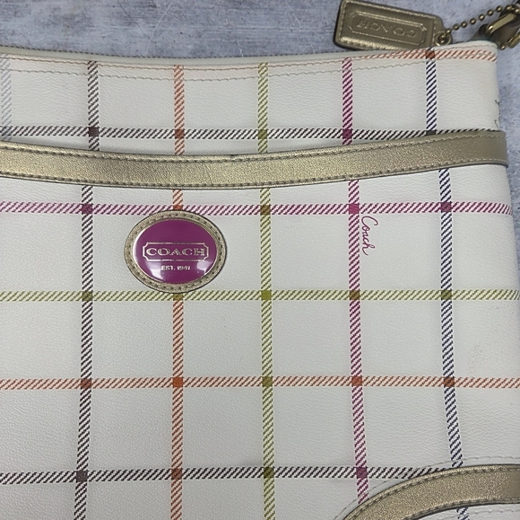 Coach | Peyton Tattersall Shoulder Bag Adjustable Strap Cream Pink Green Purple - Picture 3 of 12